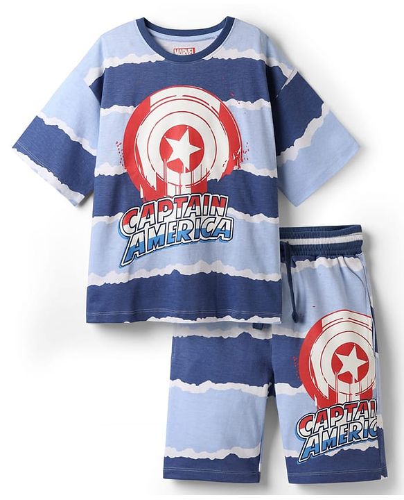 Pine Kids Marvel Single Jersey Knit Half Drop Shoulder Sleeves Oversized T-Shirt & Shorts Set With Captain America Graphics - Blue