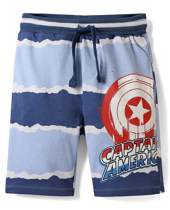 Pine Kids Marvel Single Jersey Knit Half Drop Shoulder Sleeves Oversized T-Shirt & Shorts Set With Captain America Graphics - Blue