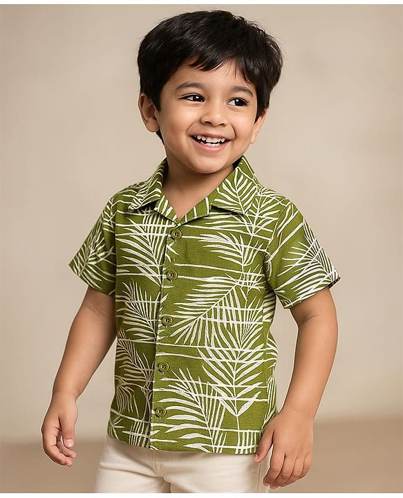 Babyhug Viscose Woven Half Sleeves Shirt With Tropical Theme Print - Green