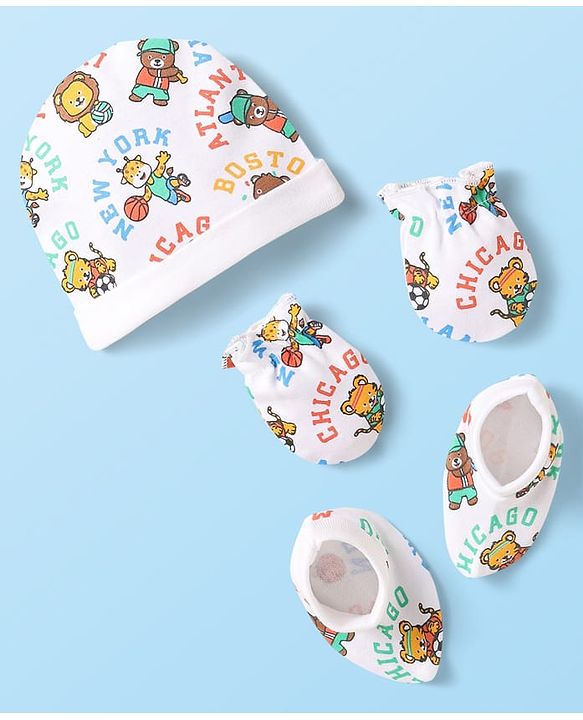 Babyhug 100% Cotton Interlock Knit Cap Mittens & Booties Set With Animal Print White - Diameter 10 cm