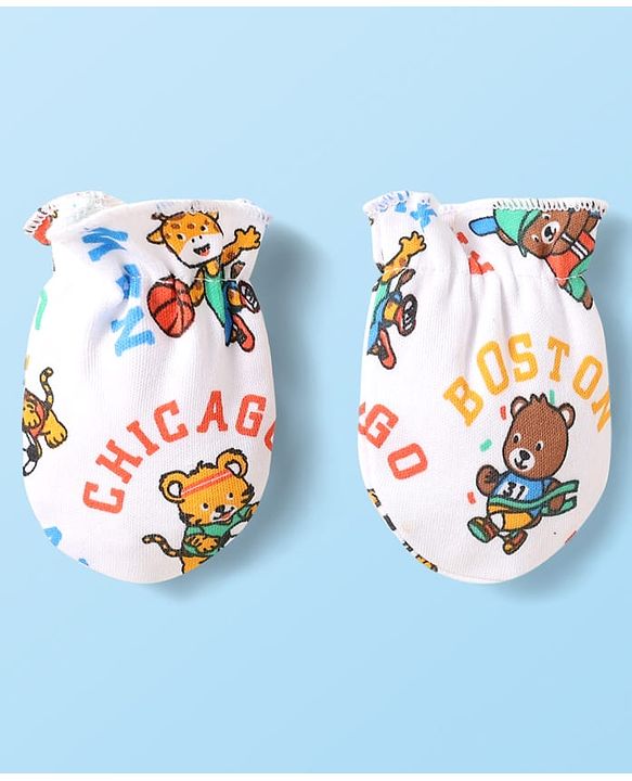 Babyhug 100% Cotton Interlock Knit Cap Mittens & Booties Set With Animal Print White - Diameter 10 cm