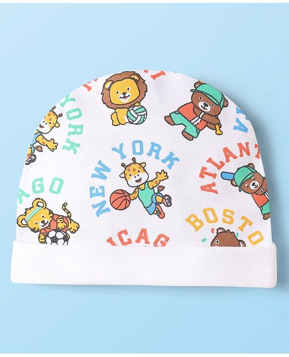 Babyhug 100% Cotton Interlock Knit Cap Mittens & Booties Set With Animal Print White - Diameter 10 cm