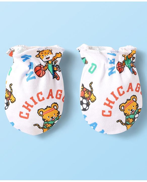 Babyhug 100% Cotton Interlock Knit Cap Mittens & Booties Set With Animal Print White - Diameter 10 cm