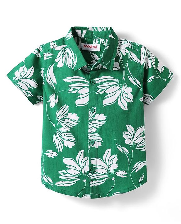 Babyhug Cotton Woven Half Sleeves Shirt With Floral Print - Green