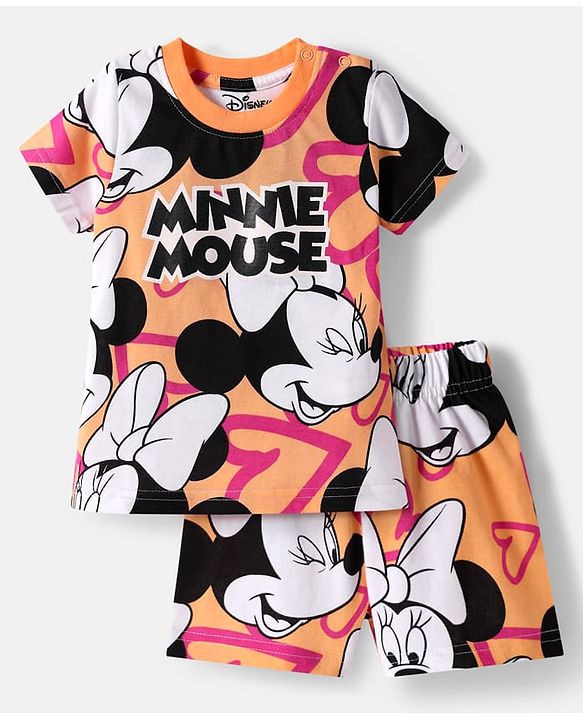 Babyhug Disney Single Jersey Knit Half Sleeves Co-ords Shorts Night Suit with Minnie Mouse Print - Orange