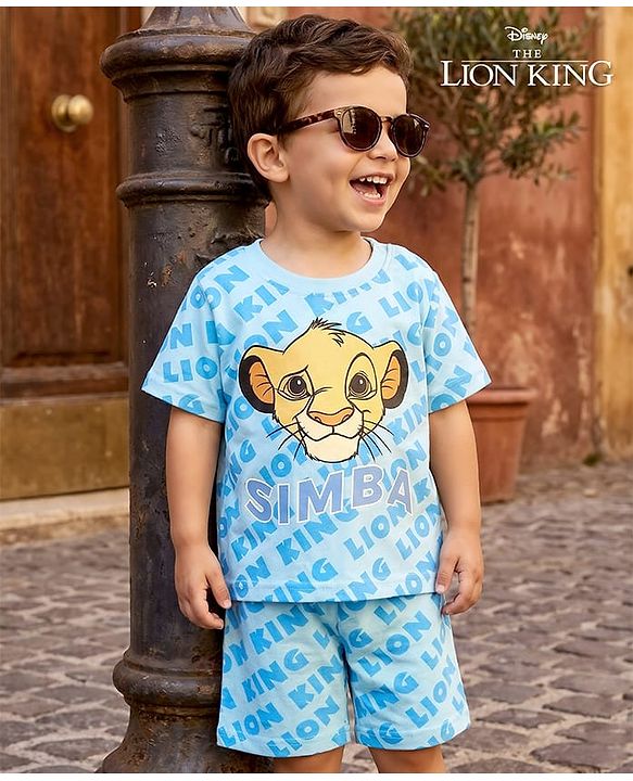 Babyhug Disney Single Jersey Knit Half Sleeves Shorts Night Suit With Lion King Graphics - Light Blue