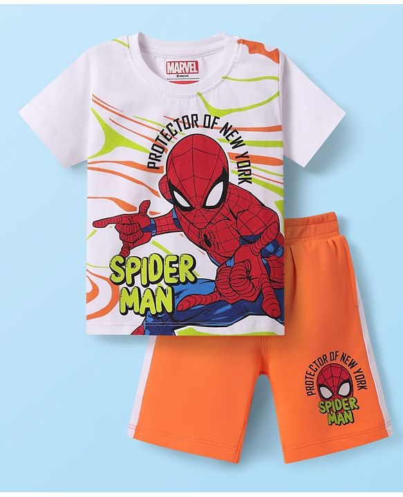 Babyhug Marvel Single Jersey Knit Half Sleeves T-Shirt & Shorts Set With Spider-Man Graphics - White & Orange