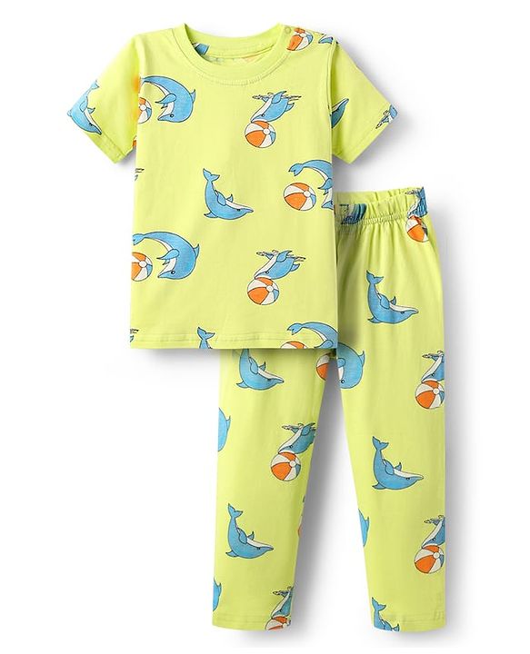 Babyhug Cotton Knit Half Sleeves Co-ords Night Suit With Dolphin Print - Light Yellow