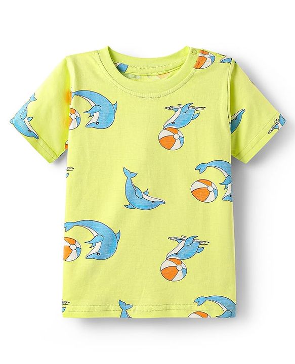 Babyhug Cotton Knit Half Sleeves Co-ords Night Suit With Dolphin Print - Light Yellow