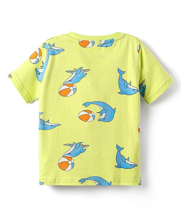 Babyhug Cotton Knit Half Sleeves Co-ords Night Suit With Dolphin Print - Light Yellow