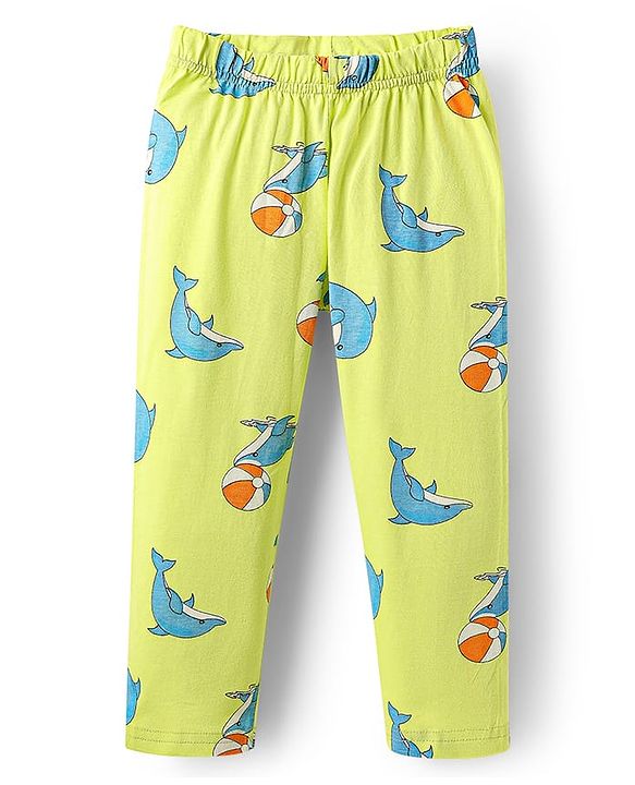 Babyhug Cotton Knit Half Sleeves Co-ords Night Suit With Dolphin Print - Light Yellow