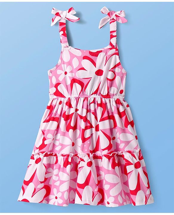 Pine Kids Cotton Knit Floral Print Frock with Half Sleeves Inner Tee - Pink & White