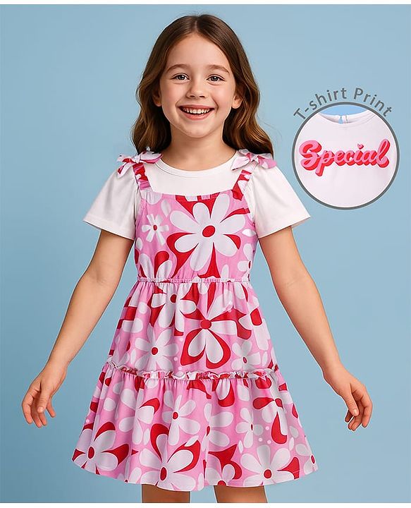 Pine Kids Cotton Knit Floral Print Frock with Half Sleeves Inner Tee - Pink & White