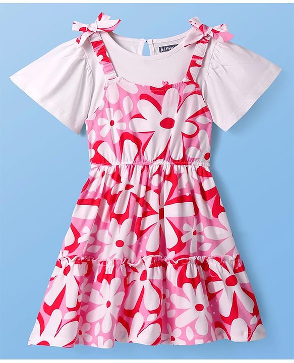 Pine Kids Cotton Knit Floral Print Frock with Half Sleeves Inner Tee - Pink & White