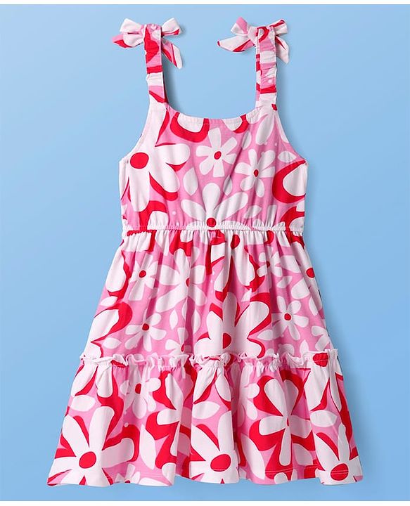 Pine Kids Cotton Knit Floral Print Frock with Half Sleeves Inner Tee - Pink & White