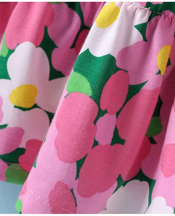 Pine Kids Cotton Knit Floral Printed Tiered Frock with Half Frill Sleeves Inner Tee - Pink & White