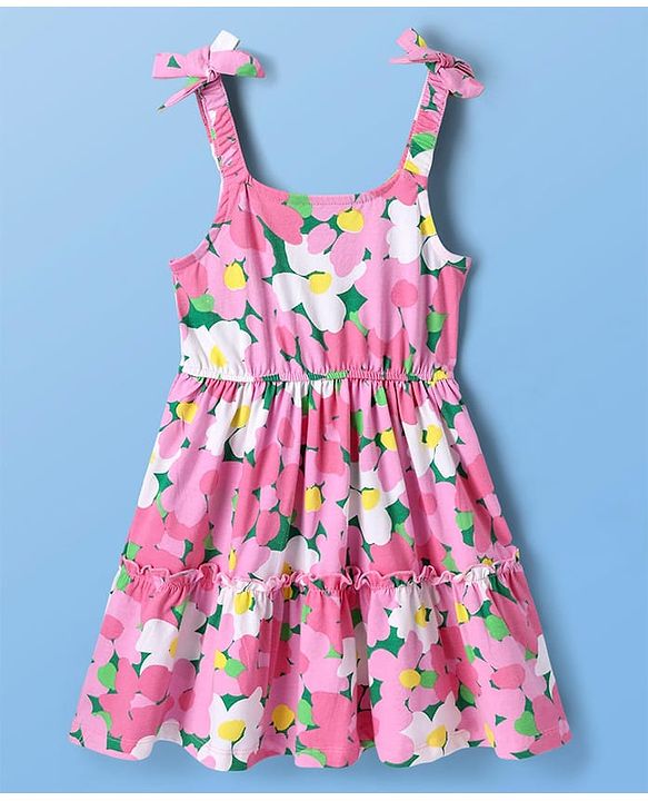 Pine Kids Cotton Knit Floral Printed Tiered Frock with Half Frill Sleeves Inner Tee - Pink & White