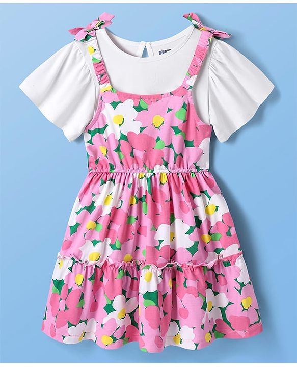 Pine Kids Cotton Knit Floral Printed Tiered Frock with Half Frill Sleeves Inner Tee - Pink & White