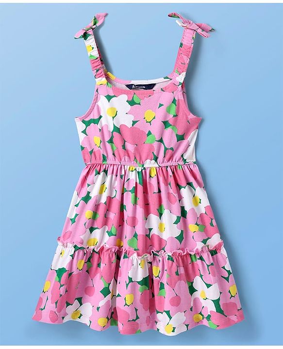 Pine Kids Cotton Knit Floral Printed Tiered Frock with Half Frill Sleeves Inner Tee - Pink & White