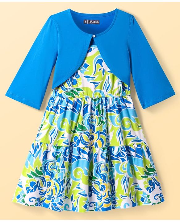 Pine Kids Cotton Knit Floral Printed Frock with Three Fourth Sleeves Shrug - Blue