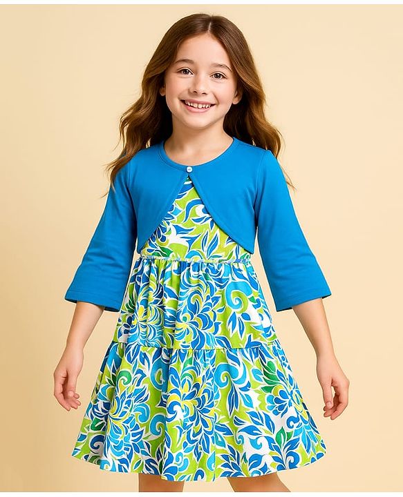 Pine Kids Cotton Knit Floral Printed Frock with Three Fourth Sleeves Shrug - Blue