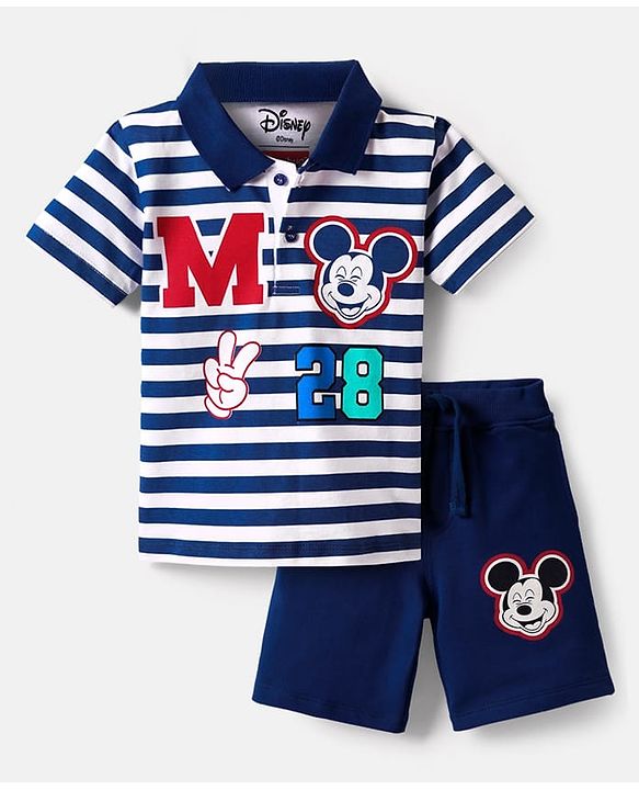 Babyhug Disney Single Jersey Knit Half Sleeve Polo T-Shirt & Shorts Set With Mickey Mouse And Family Graphics - Navy Blue
