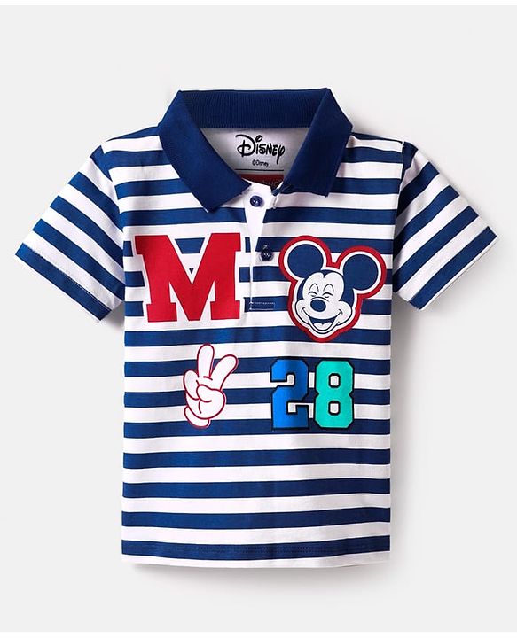 Babyhug Disney Single Jersey Knit Half Sleeve Polo T-Shirt & Shorts Set With Mickey Mouse And Family Graphics - Navy Blue