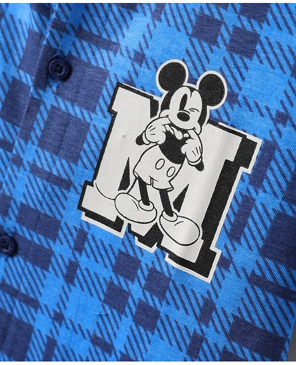 Pine Kids Disney Single Jersey Knit Half Sleeves Checkered Shirt & Sleeveless T-Shirt With Front & Back Mickey Mouse - Blue & White