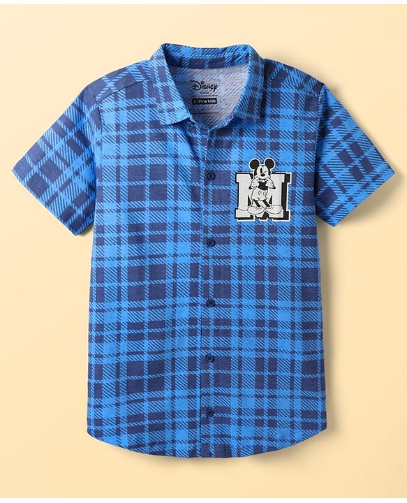 Pine Kids Disney Single Jersey Knit Half Sleeves Checkered Shirt & Sleeveless T-Shirt With Front & Back Mickey Mouse - Blue & White