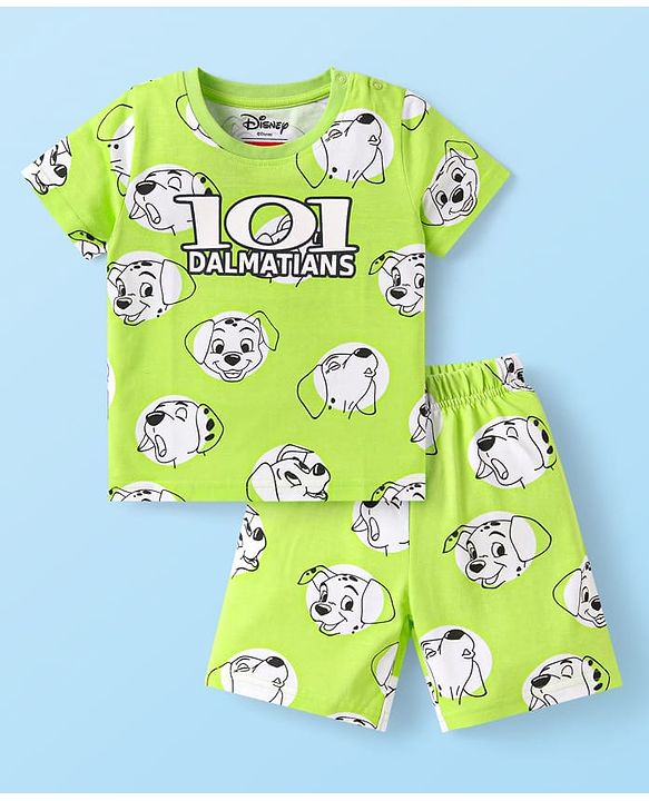 Babyhug Disney Single Jersey Knit Half Sleeves Co-ords Shorts Night Suit with 101 Dalmatians Graphics - Light Green