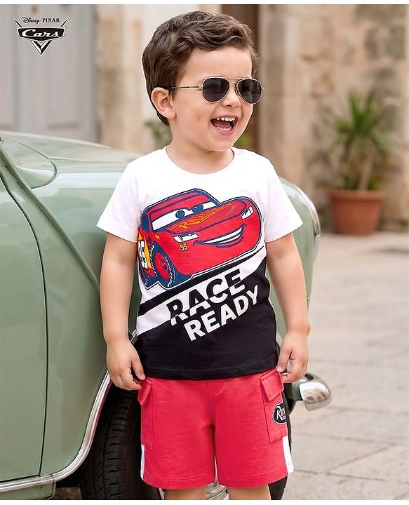 Babyhug Disney Single Jersey Knit Half Sleeves T-Shirt & Short Set With Car Graphics - White & Red