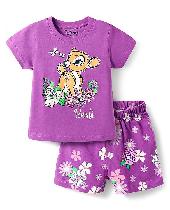 Babyhug Disney Single Jersey Knit Half Sleeves Shorts Night Suit With Bambi Graphic - Purple