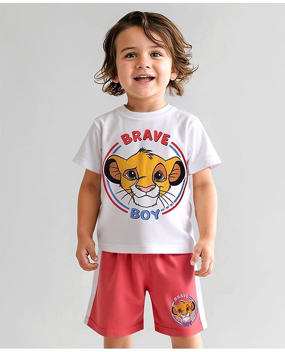 Babyhug Disney Single Jersey Knit Half Sleeves T-Shirts & Shorts Set with Lion King Graphics & Badge Detailing - Red & White