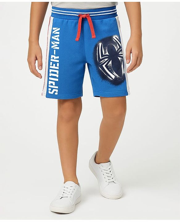 Pine Kids Marvel Terry Knit Cut & Sew Knee Length Shorts With Spider-Man Graphics & Piping Detailing  - Blue