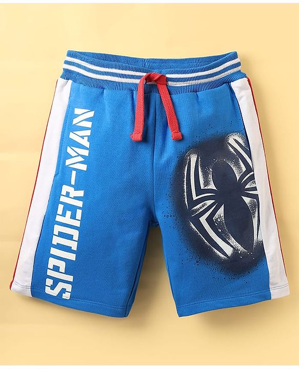 Pine Kids Marvel Terry Knit Cut & Sew Knee Length Shorts With Spider-Man Graphics & Piping Detailing  - Blue