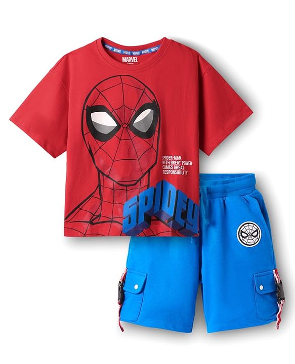 Pine Kids Marvel Single Jersey Knit Half Drop Shoulder Sleeves Oversized T-Shirt & Shorts Set With Spider-Man Graphics Badge & Buckle Detailing - Red & Blue