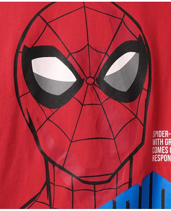 Pine Kids Marvel Single Jersey Knit Half Drop Shoulder Sleeves Oversized T-Shirt & Shorts Set With Spider-Man Graphics Badge & Buckle Detailing - Red & Blue