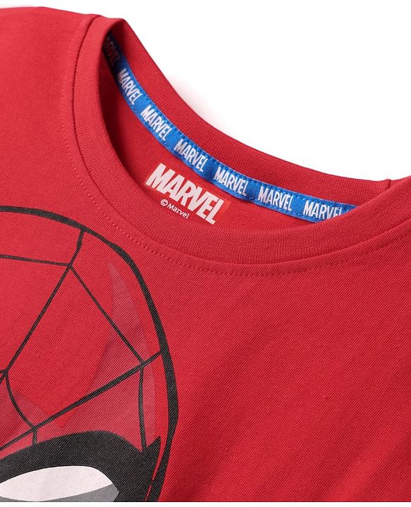 Pine Kids Marvel Single Jersey Knit Half Drop Shoulder Sleeves Oversized T-Shirt & Shorts Set With Spider-Man Graphics Badge & Buckle Detailing - Red & Blue