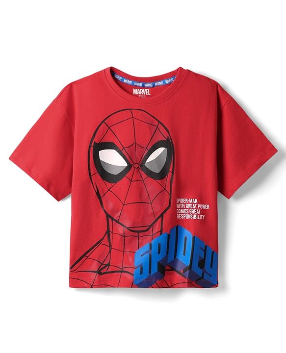 Pine Kids Marvel Single Jersey Knit Half Drop Shoulder Sleeves Oversized T-Shirt & Shorts Set With Spider-Man Graphics Badge & Buckle Detailing - Red & Blue