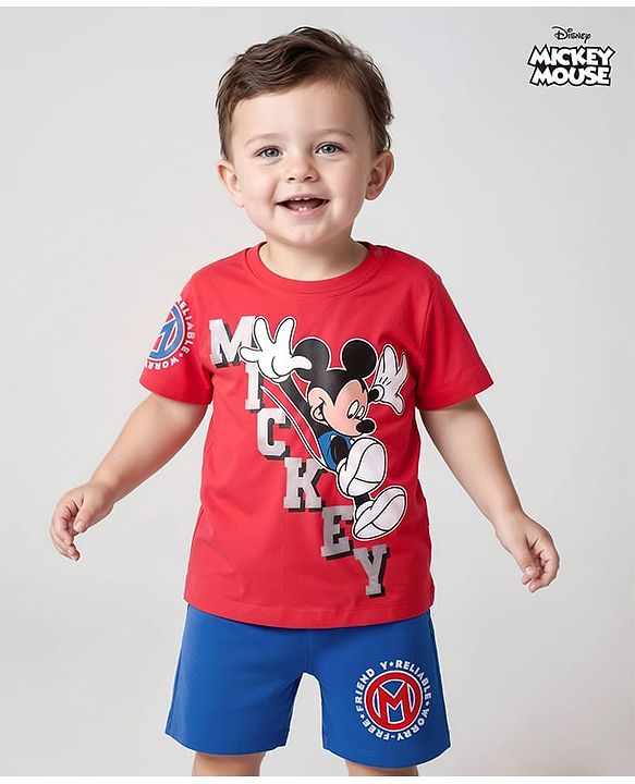 Babyhug Disney Single Jersey Knit Half Sleeves T-Shirt & Shorts Set With Mickey Mouse Graphics & Batch Detailing - Red & Blue