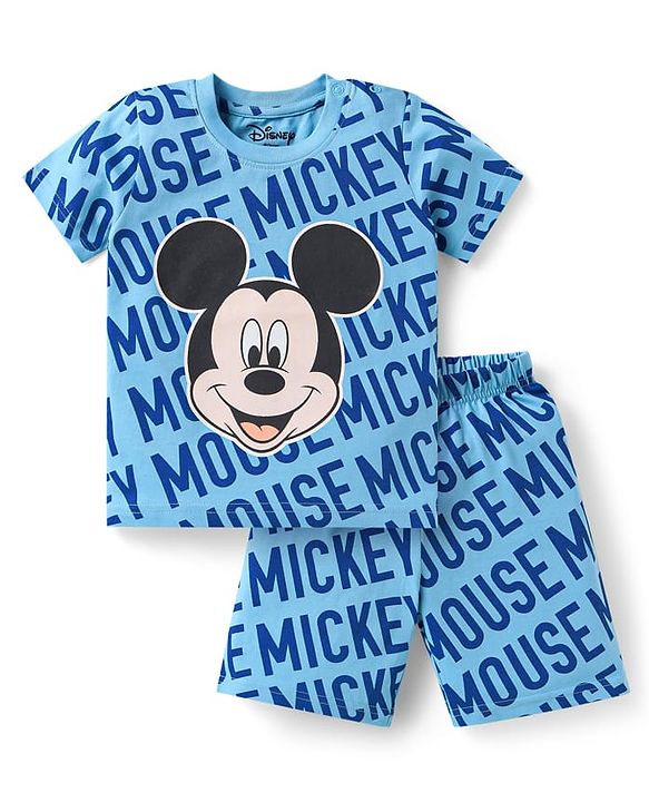 Babyhug Disney Single Jersey Knit Half Sleeves Co-ords Shorts Night Suit with Mickey Mouse Graphics - Blue