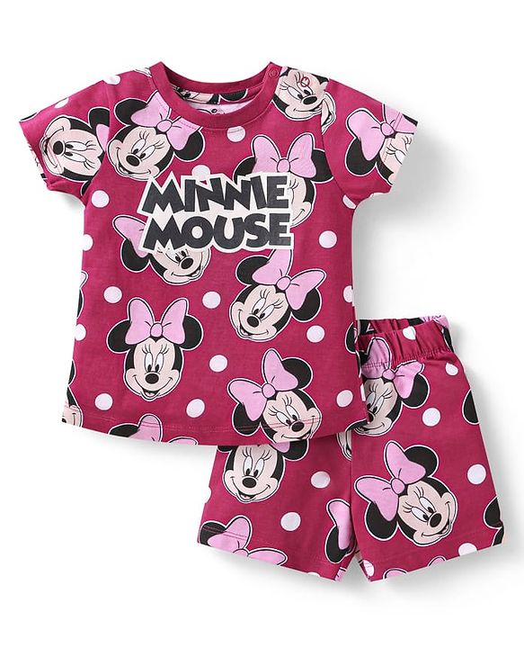 Babyhug Disney Single Jersey Knit  Half Sleeves Shorts Night Suit with Minnie Mouse Print - Maroon
