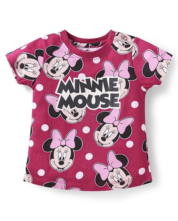 Babyhug Disney Single Jersey Knit  Half Sleeves Shorts Night Suit with Minnie Mouse Print - Maroon