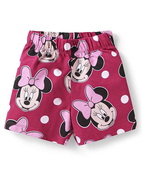 Babyhug Disney Single Jersey Knit  Half Sleeves Shorts Night Suit with Minnie Mouse Print - Maroon