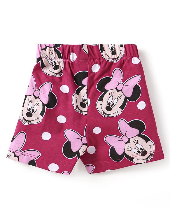 Babyhug Disney Single Jersey Knit  Half Sleeves Shorts Night Suit with Minnie Mouse Print - Maroon