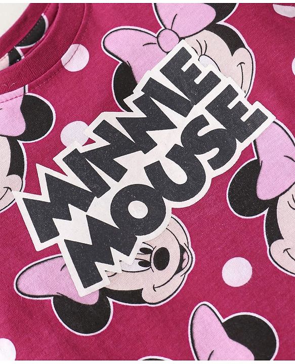 Babyhug Disney Single Jersey Knit  Half Sleeves Shorts Night Suit with Minnie Mouse Print - Maroon