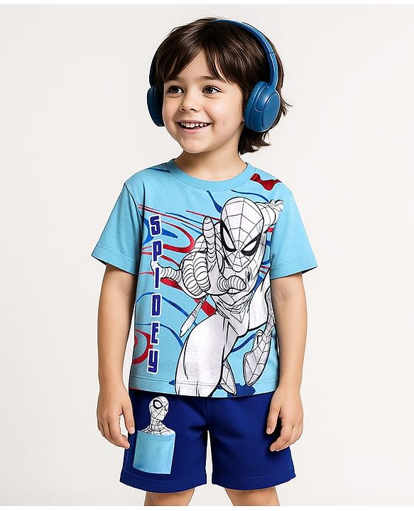 Babyhug Marvel Single Jersey Knit Half Sleeves T-Shirt & Shorts Set With Spider Man Graphics & Pocket Detailing - Blue