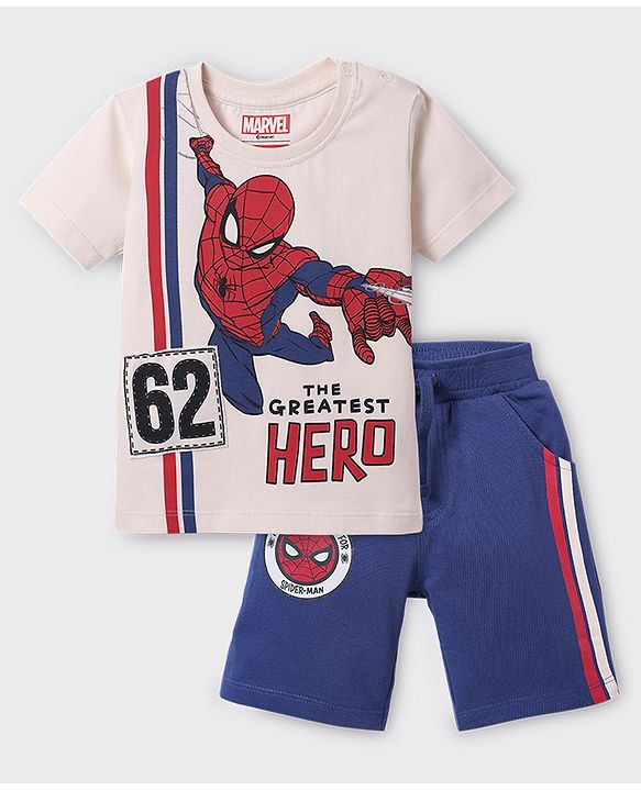 Babyhug Marvel Single Jersey Knit Half Sleeve T-Shirt & Shorts Set With Spider Man Graphics And Badge Detailing - Navy Blue & White