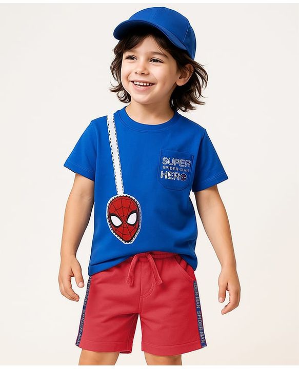 Babyhug Marvel Single Jersey Knit Half Sleeves T-Shirt & Shorts Set With Spider Man Graphics & Pocket Detailing - Blue & Red