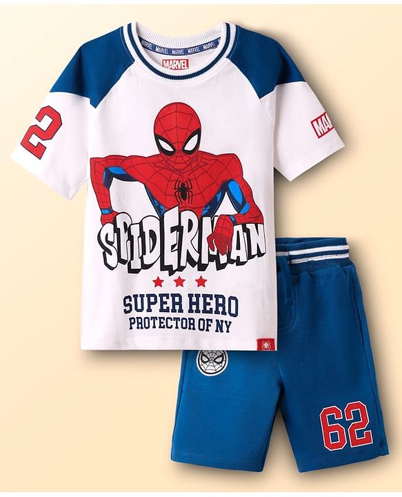 Pine Kids Marvel 100% Cotton Knit Drop Shoulder Oversized Half Raglan Sleeves T-Shirt And Shorts Set With Spider-Man Graphics - Navy Blue & White